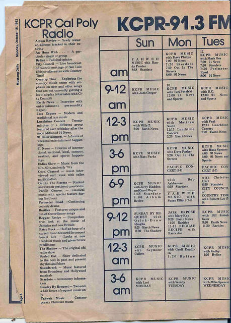 KCPR program guide from Mustang Daily, 10/18/1982, page 1 of 2